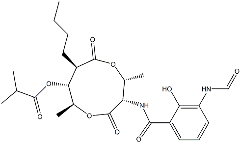 Isobutyric acid (2R,3S,6S,7R,8R)-2,6-dimethyl-3-[2-hydroxy-3-(formylamino)benzoylamino]-8-butyl-4,9-dioxo-1,5-dioxacyclononane-7-yl ester Struktur