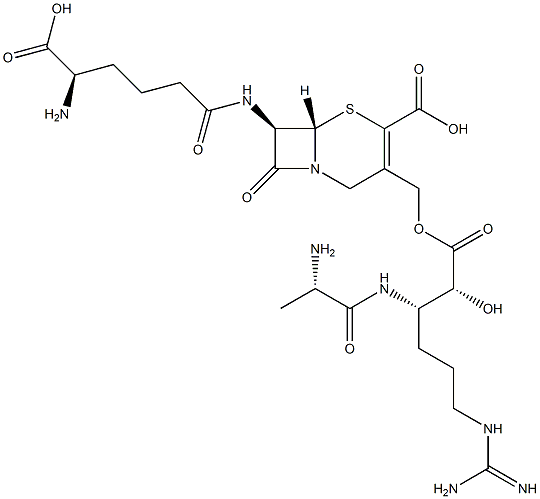 (7R)-7-[[(R)-5-Amino-5-carboxy-1-oxopentyl]amino]-3-[[[(2R,3S)-6-[[amino(imino)methyl]amino]-3-[[(S)-2-aminopropionyl]amino]-2-hydroxy-1-oxohexyl]oxy]methyl]cepham-3-ene-4-carboxylic acid Struktur