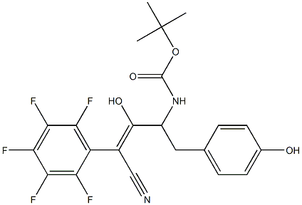 4-tert-butoxycarbonylamino-3-hydroxy-5-(4-hydroxyphenyl)-2-(2,3,4,5,6-pentafluorophenyl)-2-pentenenitrile Struktur