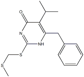 5-isopropyl-2-((methylthiomethyl)thio)-6-(benzyl)pyrimidin-4(1H)-one Struktur