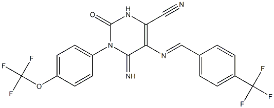 6-imino-2-oxo-1-[4-(trifluoromethoxy)phenyl]-5-{[4-(trifluoromethyl)benzylidene]amino}-1,2,3,6-tetrahydropyrimidine-4-carbonitrile Struktur