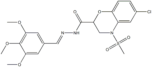 6-chloro-4-(methylsulfonyl)-N'-[(3,4,5-trimethoxyphenyl)methylene]-3,4-dihydro-2H-1,4-benzoxazine-2-carbohydrazide Struktur