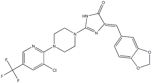 5-(1,3-benzodioxol-5-ylmethylene)-2-{4-[3-chloro-5-(trifluoromethyl)-2-pyridinyl]piperazino}-3,5-dihydro-4H-imidazol-4-one Struktur