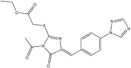 ethyl 2-[(1-acetyl-5-oxo-4-{(E)-[4-(1H-1,2,4-triazol-1-yl)phenyl]methylidene}-4,5-dihydro-1H-imidazol-2-yl)sulfanyl]acetate Struktur