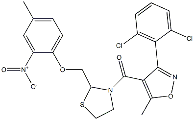 [3-(2,6-dichlorophenyl)-5-methylisoxazol-4-yl]{2-[(4-methyl-2-nitrophenoxy)methyl]-1,3-thiazolan-3-yl}methanone Struktur