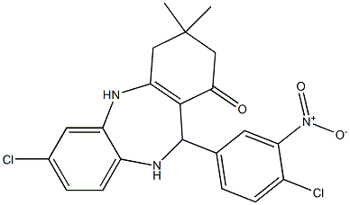 7-chloro-11-(4-chloro-3-nitrophenyl)-3,3-dimethyl-2,3,4,5,10,11-hexahydro-1H-dibenzo[b,e][1,4]diazepin-1-one Struktur