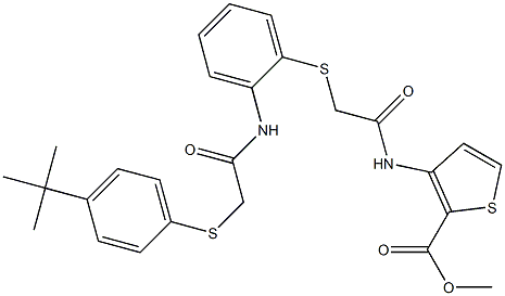 methyl 3-{[2-({2-[(2-{[4-(tert-butyl)phenyl]sulfanyl}acetyl)amino]phenyl}sulfanyl)acetyl]amino}-2-thiophenecarboxylate Struktur