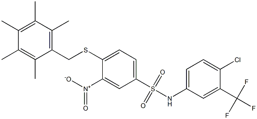 N1-[4-chloro-3-(trifluoromethyl)phenyl]-3-nitro-4-[(2,3,4,5,6-pentamethylbe nzyl)thio]benzene-1-sulfonamide Struktur