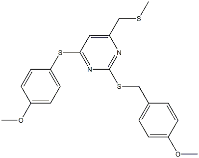 4-({2-[(4-methoxybenzyl)sulfanyl]-6-[(methylsulfanyl)methyl]-4-pyrimidinyl}sulfanyl)phenyl methyl ether Struktur