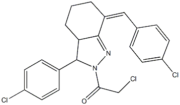 2-Chloro-1-[7-(4-chloro-benzylidene)-3-(4-chloro-phenyl)-3,3a,4,5,6,7-hexahydro-indazol-2-yl]-ethanone Struktur