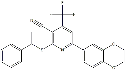 6-(2,3-dihydro-1,4-benzodioxin-6-yl)-2-[(1-phenylethyl)sulfanyl]-4-(trifluoromethyl)nicotinonitrile Struktur