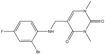 5-{[(2-bromo-4-fluorophenyl)amino]methyl}-1,3-dimethyl-1,2,3,4-tetrahydropyrimidine-2,4-dione Struktur