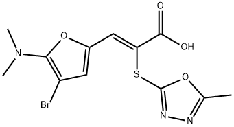 2-Propenoic  acid,  3-[4-bromo-5-(dimethylamino)-2-furanyl]-2-[(5-methyl-1,3,4-oxadiazol-2-yl)thio]-,  (2Z)- Struktur