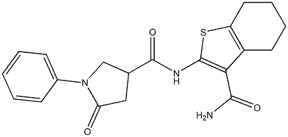 N-[3-(aminocarbonyl)-4,5,6,7-tetrahydro-1-benzothien-2-yl]-5-oxo-1-phenyl-3-pyrrolidinecarboxamide Struktur