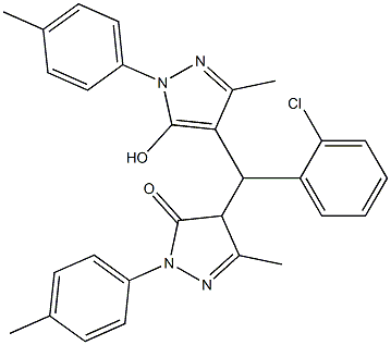 4-{(2-chlorophenyl)[5-hydroxy-3-methyl-1-(4-methylphenyl)-1H-pyrazol-4-yl]methyl}-5-methyl-2-(4-methylphenyl)-2,4-dihydro-3H-pyrazol-3-one Struktur