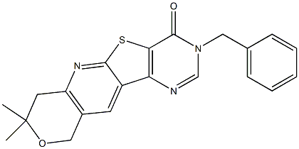 3-benzyl-8,8-dimethyl-7,10-dihydro-8H-pyrano[3'',4'':5',6']pyrido[3',2':4,5]thieno[3,2-d]pyrimidin-4(3H)-one Struktur