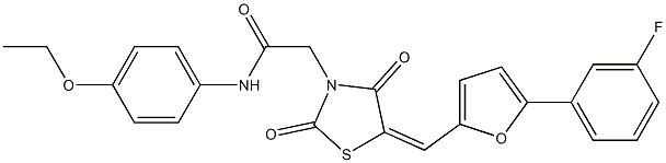 N-(4-ethoxyphenyl)-2-(5-{[5-(3-fluorophenyl)-2-furyl]methylene}-2,4-dioxo-1,3-thiazolidin-3-yl)acetamide Struktur