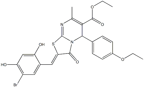 ethyl 2-(5-bromo-2,4-dihydroxybenzylidene)-5-(4-ethoxyphenyl)-7-methyl-3-oxo-2,3-dihydro-5H-[1,3]thiazolo[3,2-a]pyrimidine-6-carboxylate Struktur