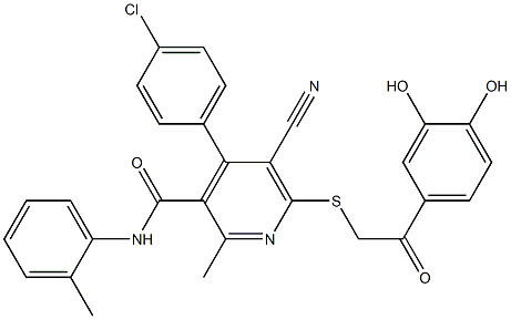 4-(4-chlorophenyl)-5-cyano-6-{[2-(3,4-dihydroxyphenyl)-2-oxoethyl]sulfanyl}-2-methyl-N-(2-methylphenyl)pyridine-3-carboxamide Struktur