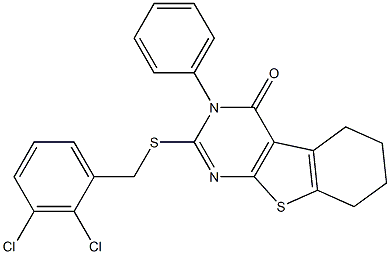 2-[(2,3-dichlorobenzyl)sulfanyl]-3-phenyl-5,6,7,8-tetrahydro[1]benzothieno[2,3-d]pyrimidin-4(3H)-one Struktur