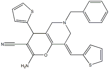 2-amino-6-benzyl-4-(2-thienyl)-8-(2-thienylmethylene)-5,6,7,8-tetrahydro-4H-pyrano[3,2-c]pyridine-3-carbonitrile Struktur