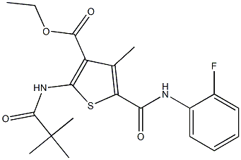 ethyl 2-[(2,2-dimethylpropanoyl)amino]-5-[(2-fluoroanilino)carbonyl]-4-methyl-3-thiophenecarboxylate Struktur