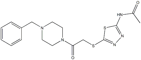 N-(5-{[2-(4-benzyl-1-piperazinyl)-2-oxoethyl]sulfanyl}-1,3,4-thiadiazol-2-yl)acetamide Struktur