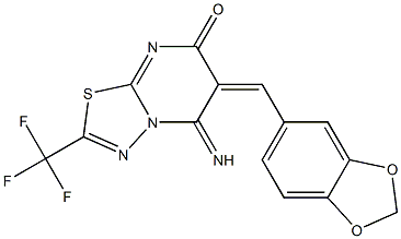 6-(1,3-benzodioxol-5-ylmethylene)-5-imino-2-(trifluoromethyl)-5,6-dihydro-7H-[1,3,4]thiadiazolo[3,2-a]pyrimidin-7-one Struktur