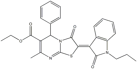 ethyl 7-methyl-3-oxo-2-(2-oxo-1-propyl-1,2-dihydro-3H-indol-3-ylidene)-5-phenyl-2,3-dihydro-5H-[1,3]thiazolo[3,2-a]pyrimidine-6-carboxylate Struktur