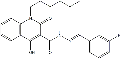 N'-(3-fluorobenzylidene)-1-hexyl-4-hydroxy-2-oxo-1,2-dihydro-3-quinolinecarbohydrazide Struktur