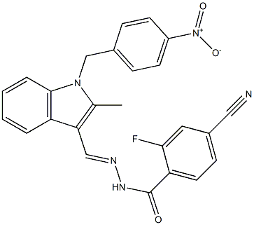 4-cyano-2-fluoro-N'-[(1-{4-nitrobenzyl}-2-methyl-1H-indol-3-yl)methylene]benzohydrazide Struktur