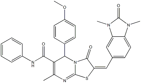 2-[(1,3-dimethyl-2-oxo-2,3-dihydro-1H-benzimidazol-5-yl)methylene]-5-(4-methoxyphenyl)-7-methyl-3-oxo-N-phenyl-2,3-dihydro-5H-[1,3]thiazolo[3,2-a]pyrimidine-6-carboxamide Struktur