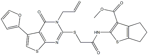 methyl 2-[({[3-allyl-5-(2-furyl)-4-oxo-3,4-dihydrothieno[2,3-d]pyrimidin-2-yl]sulfanyl}acetyl)amino]-5,6-dihydro-4H-cyclopenta[b]thiophene-3-carboxylate Struktur