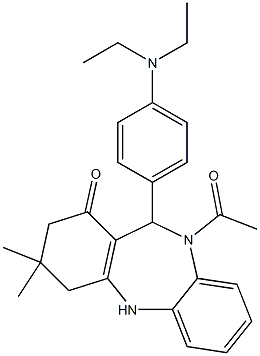 10-acetyl-11-[4-(diethylamino)phenyl]-3,3-dimethyl-2,3,4,5,10,11-hexahydro-1H-dibenzo[b,e][1,4]diazepin-1-one Struktur