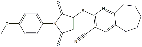 2-{[1-(4-methoxyphenyl)-2,5-dioxo-3-pyrrolidinyl]sulfanyl}-6,7,8,9-tetrahydro-5H-cyclohepta[b]pyridine-3-carbonitrile Struktur