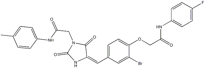 2-[2-bromo-4-({2,5-dioxo-1-[2-oxo-2-(4-toluidino)ethyl]-4-imidazolidinylidene}methyl)phenoxy]-N-(4-fluorophenyl)acetamide Struktur