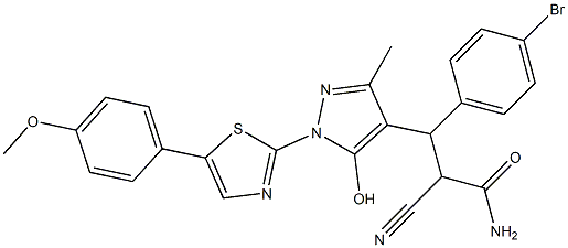 3-(4-bromophenyl)-2-cyano-3-{5-hydroxy-1-[5-(4-methoxyphenyl)-1,3-thiazol-2-yl]-3-methyl-1H-pyrazol-4-yl}propanamide Struktur