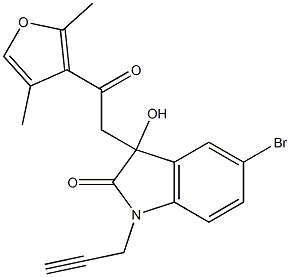 5-bromo-3-[2-(2,4-dimethyl-3-furyl)-2-oxoethyl]-3-hydroxy-1-(2-propynyl)-1,3-dihydro-2H-indol-2-one Struktur