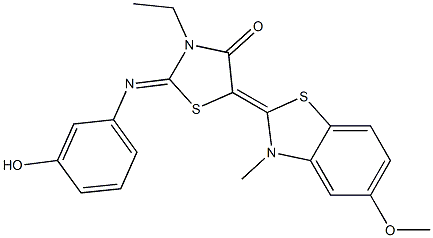 3-ethyl-2-[(3-hydroxyphenyl)imino]-5-(5-methoxy-3-methyl-1,3-benzothiazol-2(3H)-ylidene)-1,3-thiazolidin-4-one Struktur