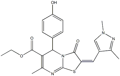 ethyl 2-[(1,3-dimethyl-1H-pyrazol-4-yl)methylene]-5-(4-hydroxyphenyl)-7-methyl-3-oxo-2,3-dihydro-5H-[1,3]thiazolo[3,2-a]pyrimidine-6-carboxylate Struktur