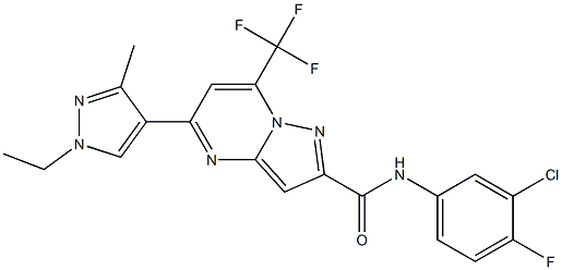 N-(3-chloro-4-fluorophenyl)-5-(1-ethyl-3-methyl-1H-pyrazol-4-yl)-7-(trifluoromethyl)pyrazolo[1,5-a]pyrimidine-2-carboxamide Struktur