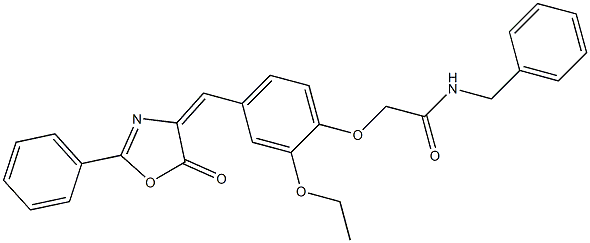 N-benzyl-2-{2-ethoxy-4-[(5-oxo-2-phenyl-1,3-oxazol-4(5H)-ylidene)methyl]phenoxy}acetamide Struktur