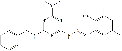 2-hydroxy-3,5-diiodobenzaldehyde [4-(benzylamino)-6-(dimethylamino)-1,3,5-triazin-2-yl]hydrazone Struktur