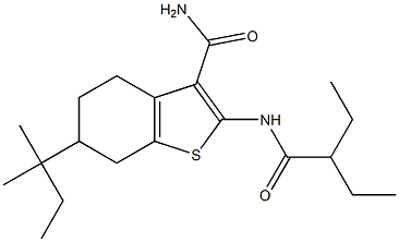 2-[(2-ethylbutanoyl)amino]-6-tert-pentyl-4,5,6,7-tetrahydro-1-benzothiophene-3-carboxamide Struktur