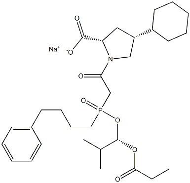 (4R)-4-Cyclohexyl-1-[[(R)-[(1S)-2-methyl-1-(1-oxopropoxy)propoxy](4-phenylbutyl)phosphinyl]acetyl]-L-proline sodium salt Struktur