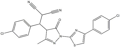 2-((4-chlorophenyl){1-[4-(4-chlorophenyl)-1,3-thiazol-2-yl]-3-methyl-5-oxo-4,5-dihydro-1H-pyrazol-4-yl}methyl)malononitrile Struktur