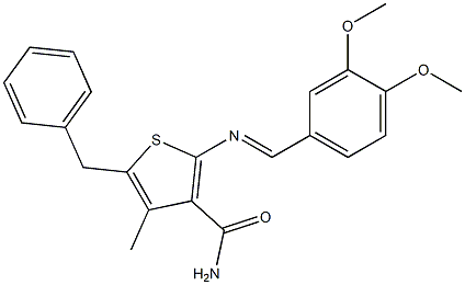 5-benzyl-2-{[(E)-(3,4-dimethoxyphenyl)methylidene]amino}-4-methyl-3-thiophenecarboxamide Struktur