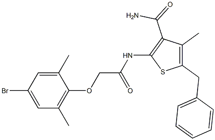 5-benzyl-2-{[2-(4-bromo-2,6-dimethylphenoxy)acetyl]amino}-4-methyl-3-thiophenecarboxamide Struktur