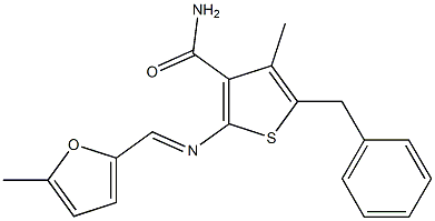 5-benzyl-4-methyl-2-{[(E)-(5-methyl-2-furyl)methylidene]amino}-3-thiophenecarboxamide Struktur