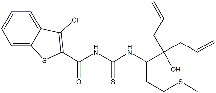 N-{2-allyl-2-hydroxy-1-[2-(methylsulfanyl)ethyl]-4-pentenyl}-N'-[(3-chloro-1-benzothiophen-2-yl)carbonyl]thiourea Struktur